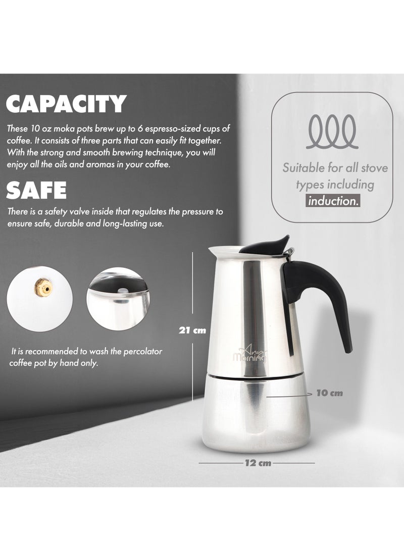 Any Morning - Any Morning Stovetop Espresso Coffee Maker, Stainless Steel Induction Moka Pot Compatible with All Hob Types, Italian Coffee Maker, Percolator Coffee Pot 6 Cups, 10 oz, Silver Colored - Image 1