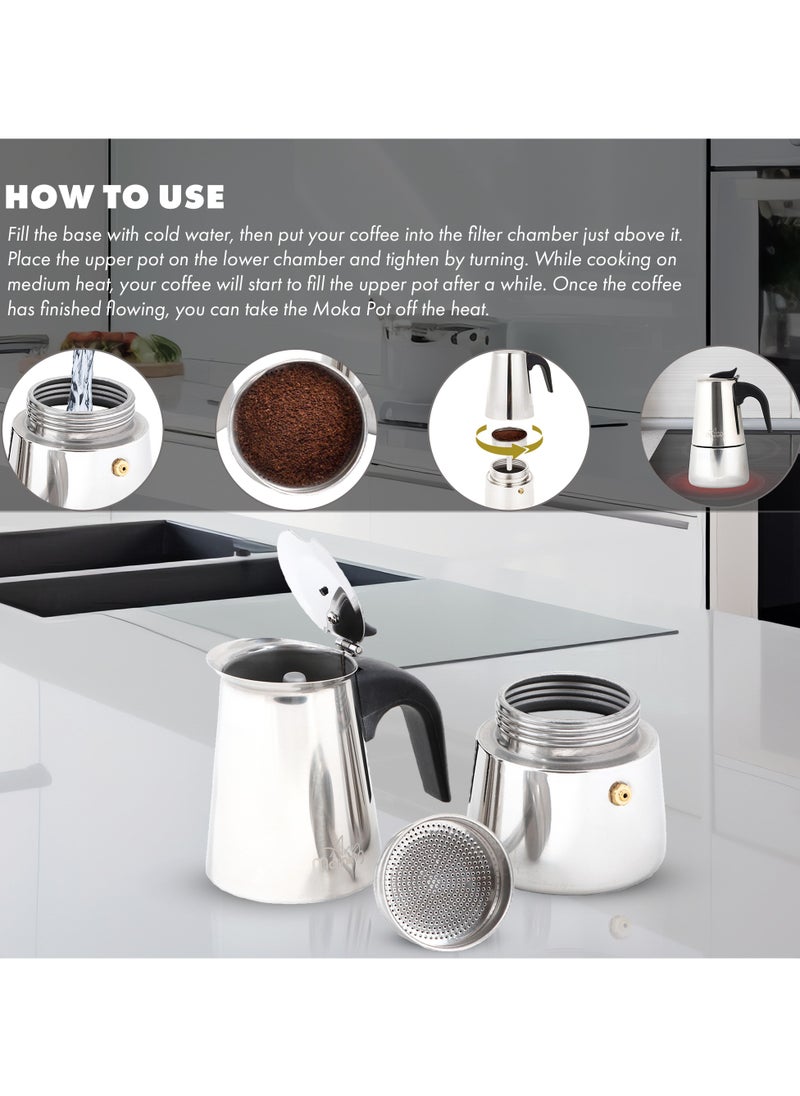 Any Morning - Any Morning Stovetop Espresso Coffee Maker, Stainless Steel Induction Moka Pot Compatible with All Hob Types, Italian Coffee Maker, Percolator Coffee Pot 6 Cups, 10 oz, Silver Colored - Image 1