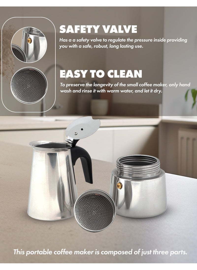Any Morning - Any Morning Stovetop Espresso Coffee Maker, Stainless Steel Induction Moka Pot Compatible with All Hob Types, Italian Coffee Maker, Percolator Coffee Pot 6 Cups, 10 oz, Silver Colored - Image 1