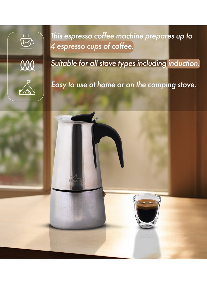 Any Morning - Any Morning Stovetop Espresso Coffee Maker, Stainless Steel Induction Moka Pot Compatible with All Hob Types, Italian Coffee Maker, Percolator Coffee Pot 6 Cups, 10 oz, Silver Colored - Image 1