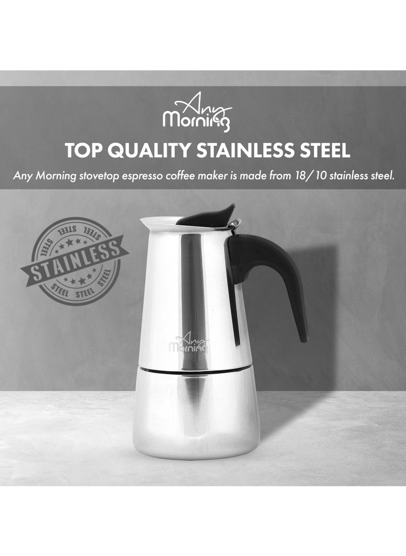 Any Morning - Any Morning Stovetop Espresso Coffee Maker, Stainless Steel Induction Moka Pot Compatible with All Hob Types, Italian Coffee Maker, Percolator Coffee Pot 6 Cups, 10 oz, Silver Colored - Image 1