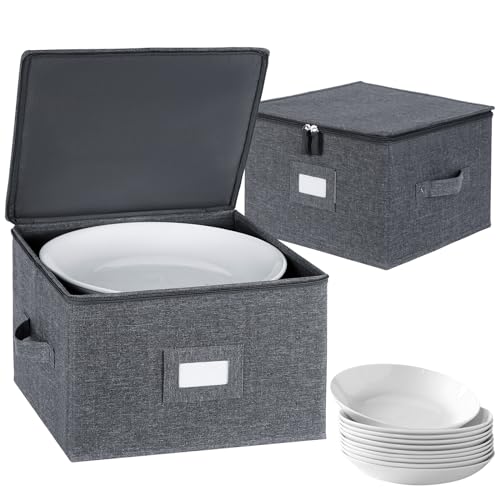 popoly China Storage Containers Hard Shell Inside 12" W x 8" H, Dinner Plate Storage Containers for Dishes, Dinnerware with 24 Felt Dividers, Hold 24 Plates, Storage Stackable (2 Pack Grey) - Image 1