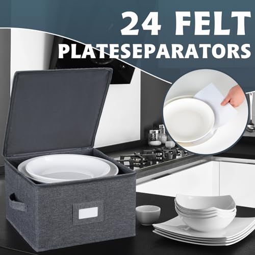 popoly China Storage Containers Hard Shell Inside 12" W x 8" H, Dinner Plate Storage Containers for Dishes, Dinnerware with 24 Felt Dividers, Hold 24 Plates, Storage Stackable (2 Pack Grey) - Image 3