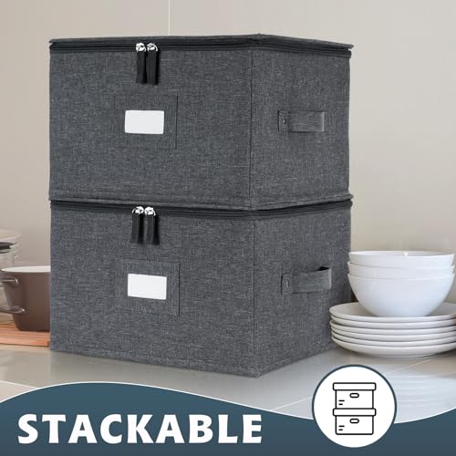 popoly China Storage Containers Hard Shell Inside 12" W x 8" H, Dinner Plate Storage Containers for Dishes, Dinnerware with 24 Felt Dividers, Hold 24 Plates, Storage Stackable (2 Pack Grey) - Image 2