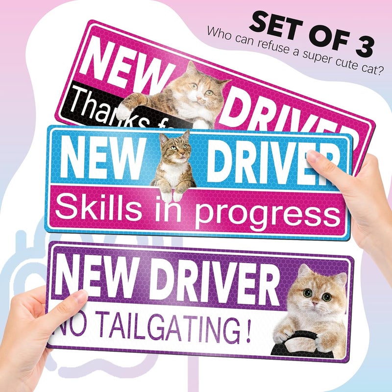 HOLENGS Funny Cat New Driver Magnet for Car, HOLENGS 3 Pcs Removable Reflective Cute Cat New Driver Magnet for Car Bumper, Reusable Magnetic Bumper Sticker Set for Novice Rookie Safety Sign 10 x 3.5 in - Image 2