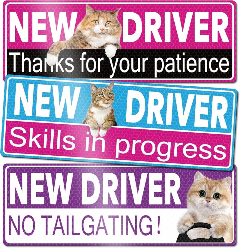 HOLENGS Funny Cat New Driver Magnet for Car, HOLENGS 3 Pcs Removable Reflective Cute Cat New Driver Magnet for Car Bumper, Reusable Magnetic Bumper Sticker Set for Novice Rookie Safety Sign 10 x 3.5 in - Image 1