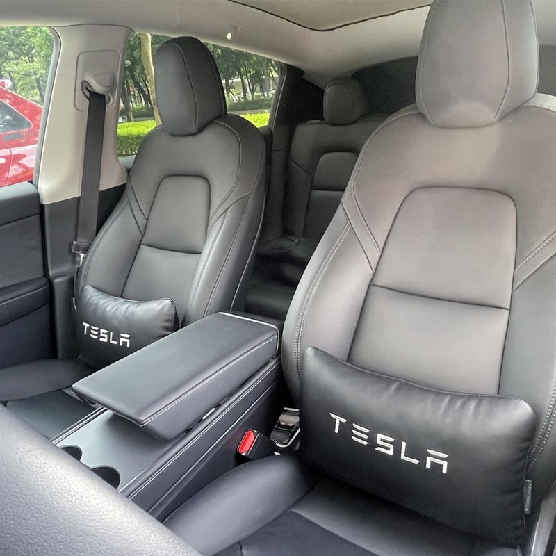 TANOLA TESBEAUTY Lumbar Support Pillow 2 Packs Uniquely Designed for Tesla Model Y3XS Lower Back Support Cushion Camping Pillow Vegan Leather Black