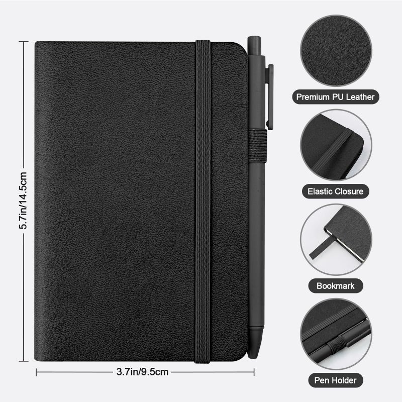 OMEYA Lined Pocket Notebook Journal: 3 Pack Small Notebooks for Note Taking, A6 Mini Notebook with Pens, Small Notepad with Pen Holder, Leather Cover, 384 Pages, 100 GSM Thick Paper, 3.7" x 5.7" - Image 2