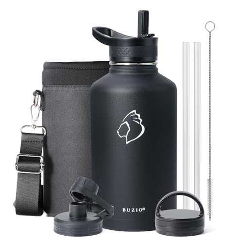 BUZIO 64 oz Water Bottle Insulated with Straw & 3 lid and Carrying Pouch, Leak Proof Half Gallon Stainless Steel Water Flask Jug, Cold for 48 Hrs Double Vacuum Thermo Canteen, BPA-Free, Black - Image 1