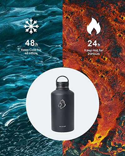 BUZIO 64 oz Water Bottle Insulated with Straw & 3 lid and Carrying Pouch, Leak Proof Half Gallon Stainless Steel Water Flask Jug, Cold for 48 Hrs Double Vacuum Thermo Canteen, BPA-Free, Black - Image 2