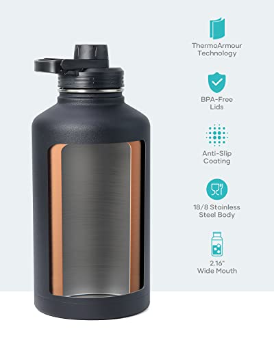 BUZIO 64 oz Water Bottle Insulated with Straw & 3 lid and Carrying Pouch, Leak Proof Half Gallon Stainless Steel Water Flask Jug, Cold for 48 Hrs Double Vacuum Thermo Canteen, BPA-Free, Black - Image 4