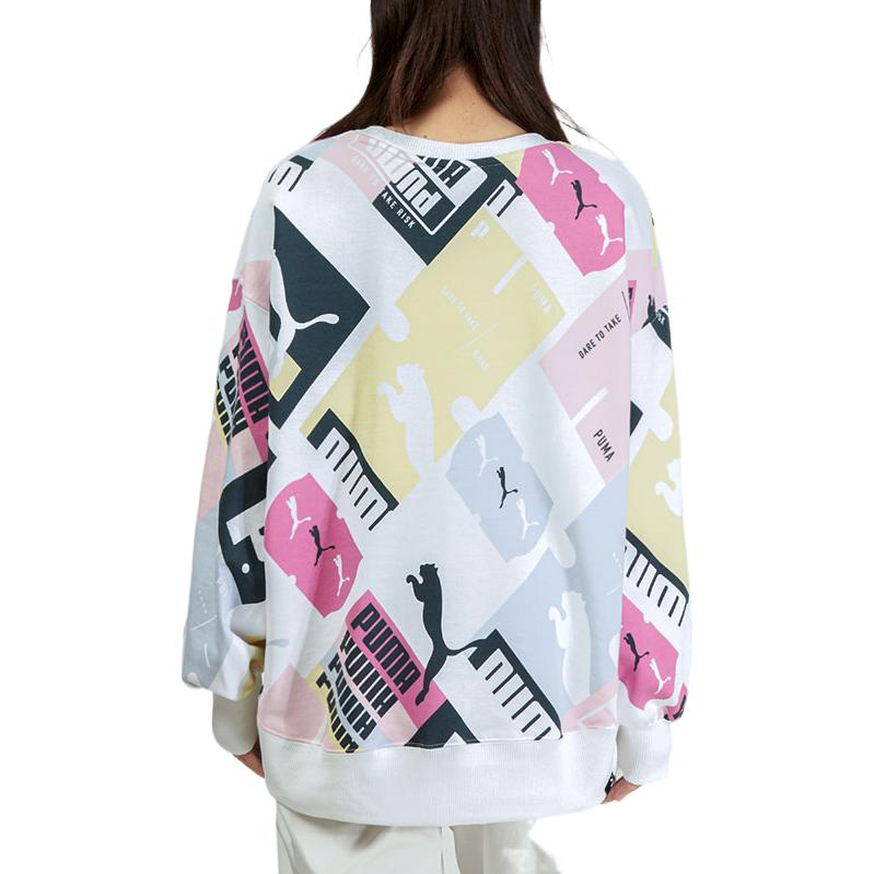 (WMNS) PUMA Full Print Logo Colorblock Loose Round Neck Pullover Hoodie White