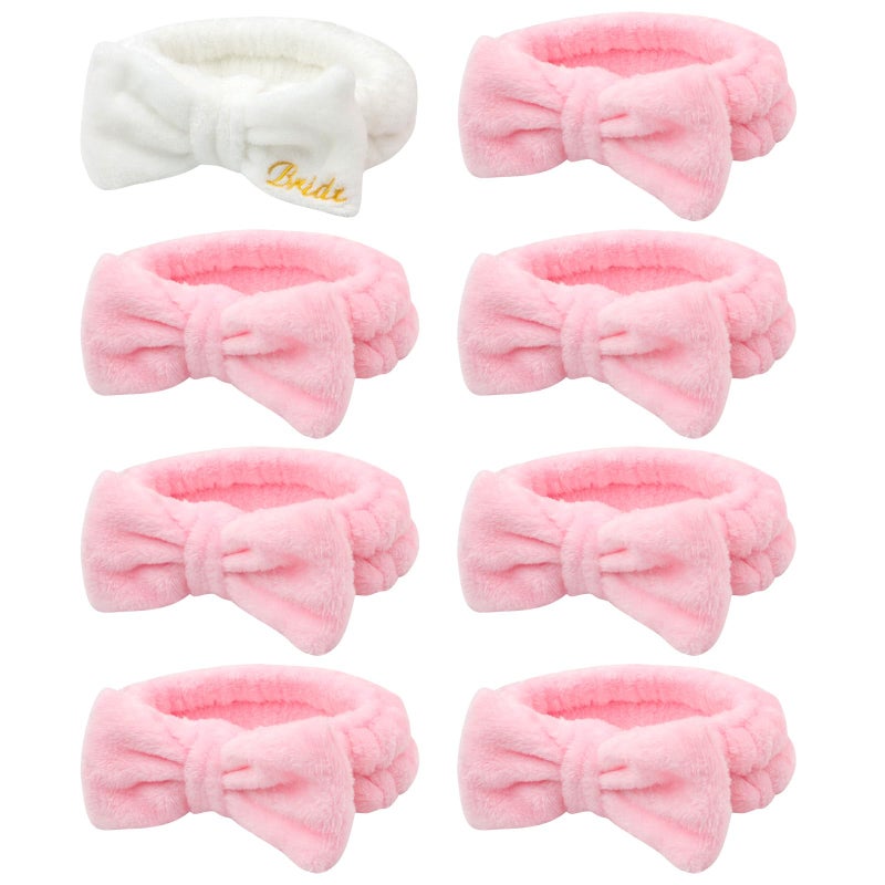 Semato Hairband, 8 Pcs Bachelorette Party Favors Set - 1 Pack Bride White Bow Headband and 7 Pcs Bridesmaid Pink Bow Headband Skincare Headbands for Women, Wide Usage, Size Fits Most, RISK FREE - Image 1