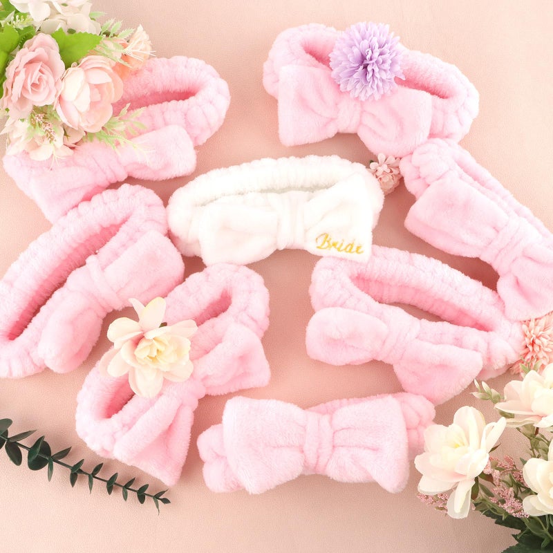 Semato Hairband, 8 Pcs Bachelorette Party Favors Set - 1 Pack Bride White Bow Headband and 7 Pcs Bridesmaid Pink Bow Headband Skincare Headbands for Women, Wide Usage, Size Fits Most, RISK FREE - Image 2