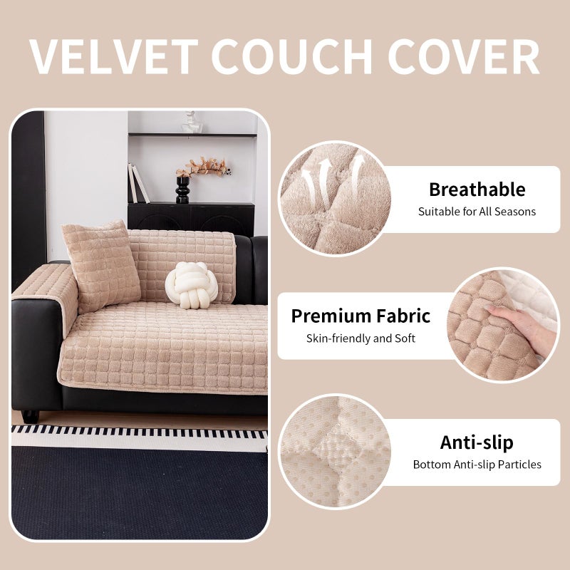 MDSASFD Velvet Couch Cover, Washable Sectional Sofa Cover, Anti Slip Sofa Slipcovers for 3 Cushion Couch Sofa L Shaped Recliner, Furniture Protector Covers for Pets Kids(Khaki, Only 1 PCS) - Image 2