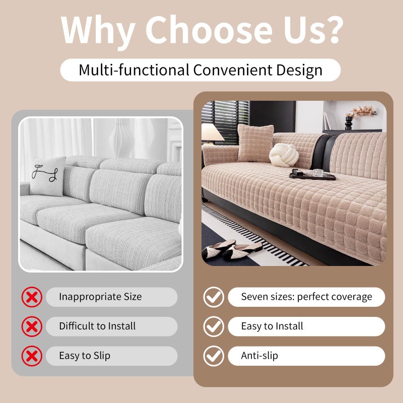 MDSASFD Velvet Couch Cover, Washable Sectional Sofa Cover, Anti Slip Sofa Slipcovers for 3 Cushion Couch Sofa L Shaped Recliner, Furniture Protector Covers for Pets Kids(Khaki, Only 1 PCS) - Image 4