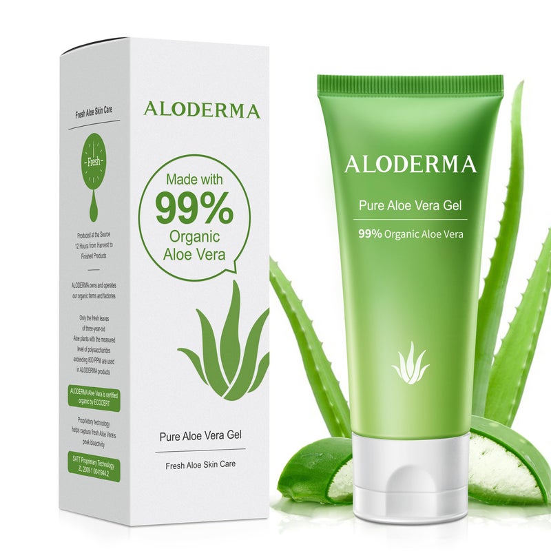 Aloderma جل الألوة فيرا العضوي 99% من ألوديرما مصنوع خلال 12 ساعة من الحصاد، أنبوب بحجم السفر سهل الاستخدام للجسم والوجه وفروة الرأس، تبريد وتهدئة تخفيف فوري للبشرة وحروق الشمس، جل ألوة مرطب، 1.5 أونصة - Image 1