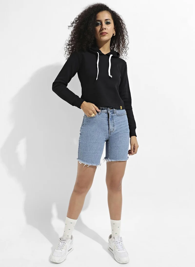 Campus Sutra Women's Black Zip-Front Cropped Hoodie With Contrast Drawstring