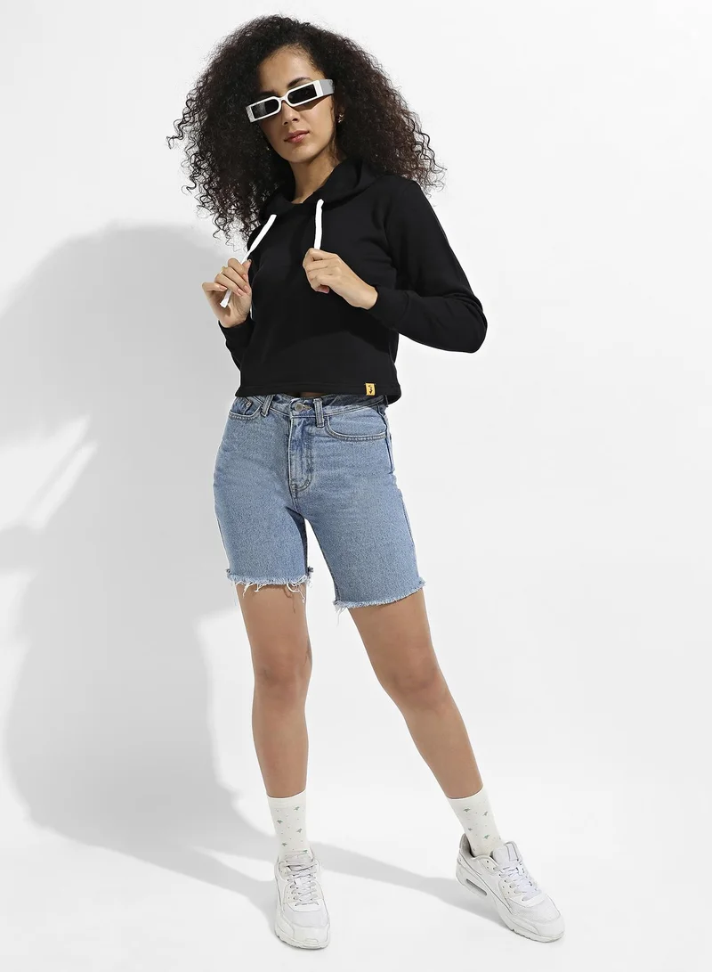 Campus Sutra Women's Black Zip-Front Cropped Hoodie With Contrast Drawstring