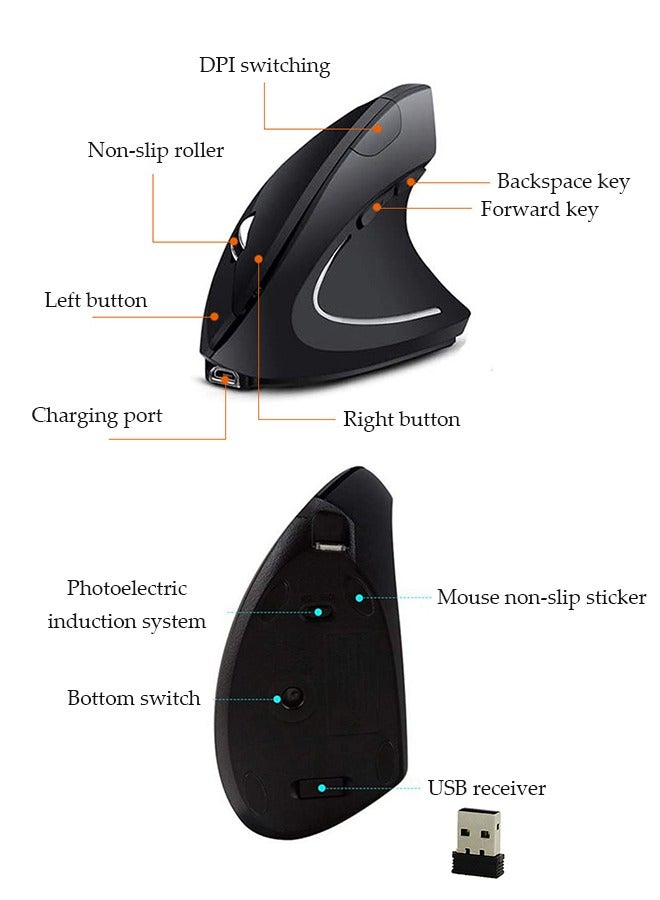 DUNISO Right Handed Bluetooth Mouse, Wireless Ergonomic Vertical Mouse Rechargeable right Hand Mice , Compatible for PC, iPad, MacOS, Windows-Black  - Image 2