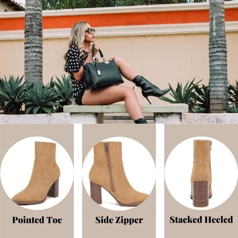 LAICIGO Women's Pointed Toe Ankle Boots Chunky Stacked Heel Side Zipper Faux Suede Ankle Booties, Camel, Size 9 - Image 5