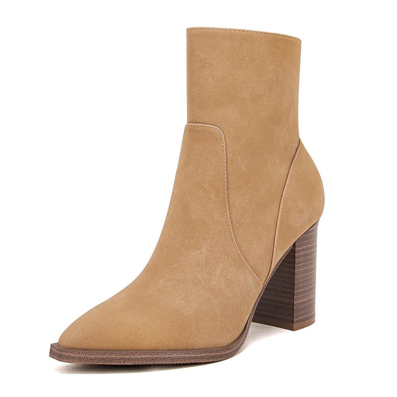 LAICIGO Women's Pointed Toe Ankle Boots Chunky Stacked Heel Side Zipper Faux Suede Ankle Booties, Camel, Size 9 - Image 1