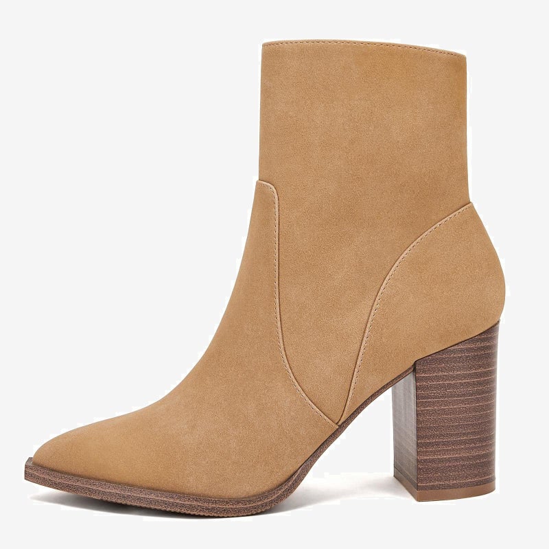 LAICIGO Women's Pointed Toe Ankle Boots Chunky Stacked Heel Side Zipper Faux Suede Ankle Booties, Camel, Size 9 - Image 3
