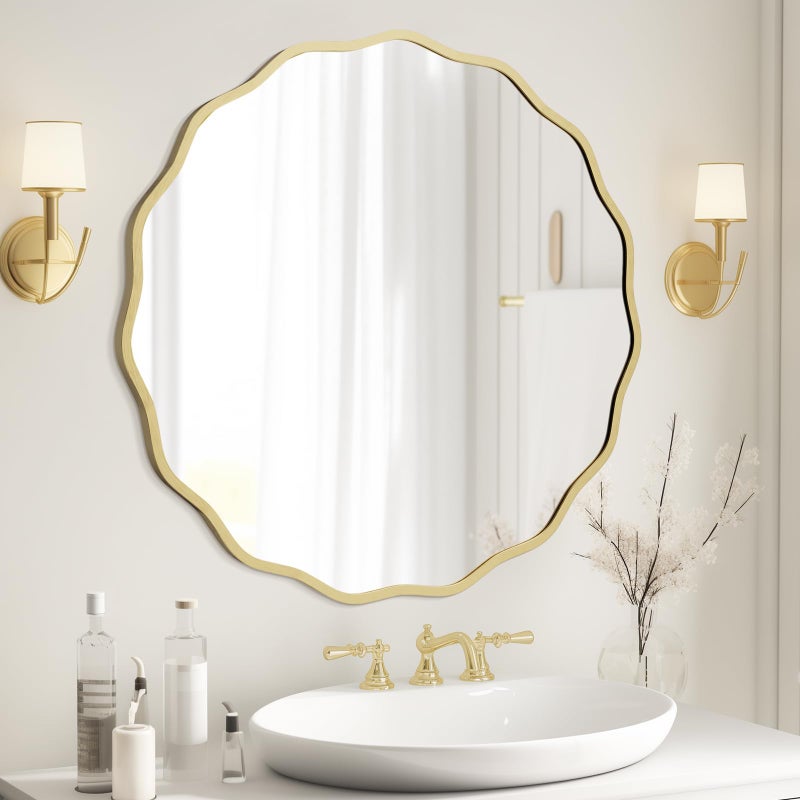 WallBeyond Round Wavy Mirror for Wall Decorative 28 inch, Modern Round Mirror Aluminum Frame for Bathroom Bedroom Living Room Home House Office Entryway, Gold - Image 1