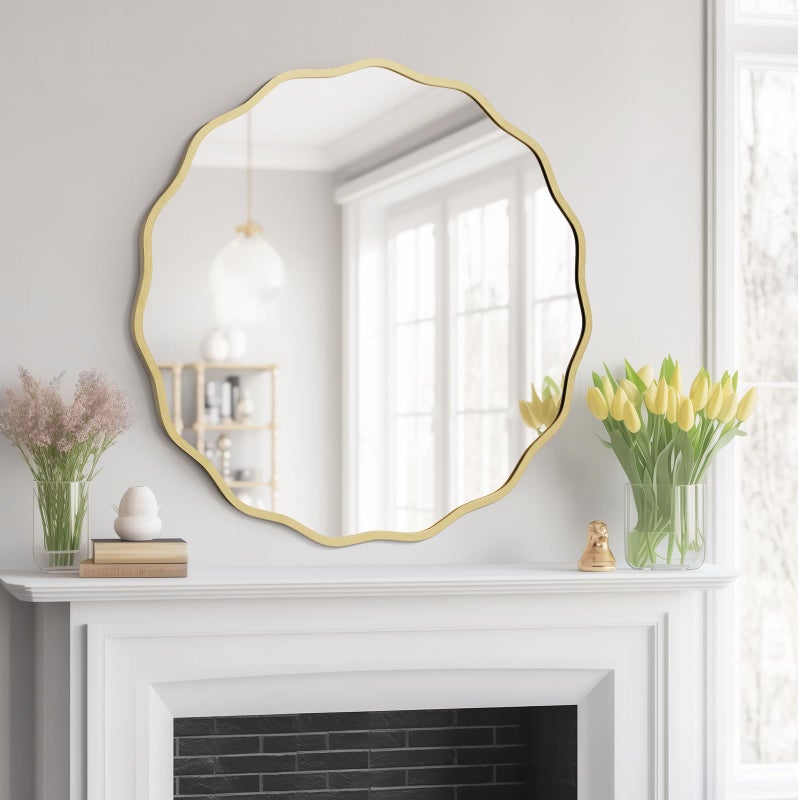 WallBeyond Round Wavy Mirror for Wall Decorative 28 inch, Modern Round Mirror Aluminum Frame for Bathroom Bedroom Living Room Home House Office Entryway, Gold - Image 4