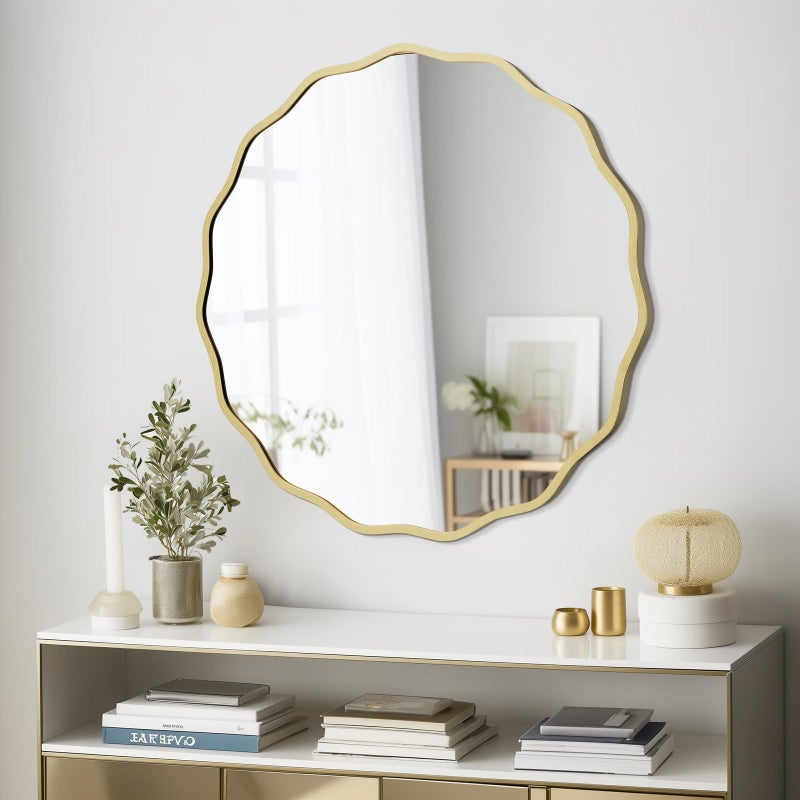WallBeyond Round Wavy Mirror for Wall Decorative 28 inch, Modern Round Mirror Aluminum Frame for Bathroom Bedroom Living Room Home House Office Entryway, Gold - Image 3