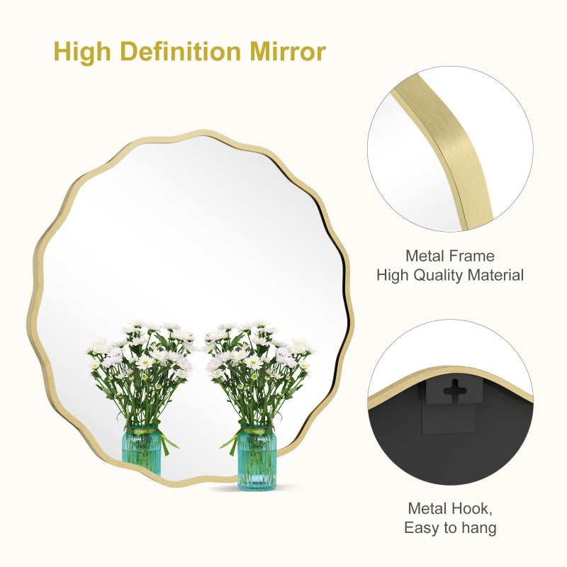WallBeyond Round Wavy Mirror for Wall Decorative 28 inch, Modern Round Mirror Aluminum Frame for Bathroom Bedroom Living Room Home House Office Entryway, Gold - Image 5