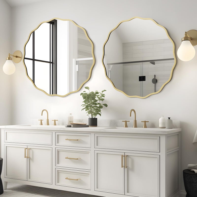 WallBeyond Round Wavy Mirror for Wall Decorative 28 inch, Modern Round Mirror Aluminum Frame for Bathroom Bedroom Living Room Home House Office Entryway, Gold - Image 2