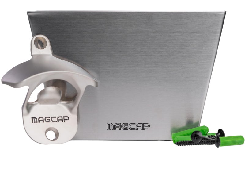 MAGCAP MAGCAP Magnetic Wall Mounted Bar  Style Bottle Opener and Bottle Cap Catcher Set for Beer and Sodas  Stylish Easy to Install and Effortless to Use  Collects the Caps so You Dont Have to 