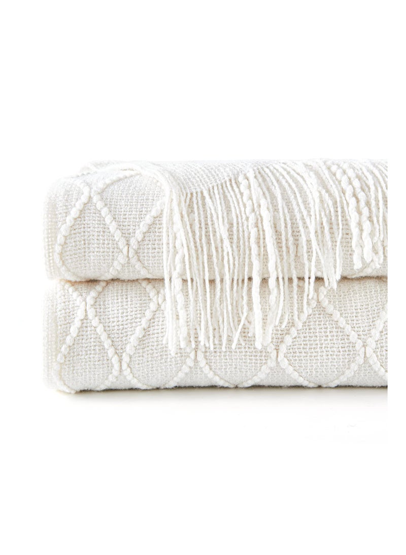 SYOSI Knitted Throw Blankets for Couch and Bed, Soft Cozy Knit Blanket with Tassel, Off White Lightweight Decorative Blankets and Throws, Farmhouse Warm Woven Blanket for Men and Women (127CM x 180CM)  - Image 2