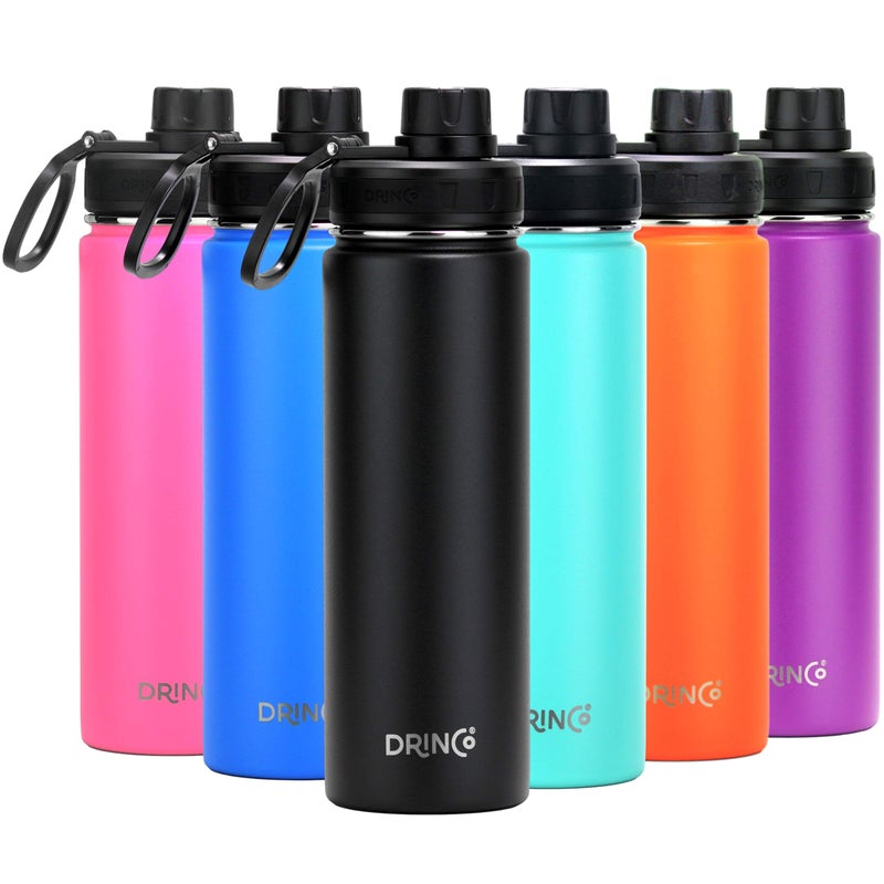 Drinco Stainless Steel Water Bottle Spout Lid Vacuum Insulated Double Wall Water Bottle Wide Mouth (40oz 32oz 22oz 18oz 14oz) Leak Proof Keep Cold Sport Camping Hiking (22 oz  22oz Black)
