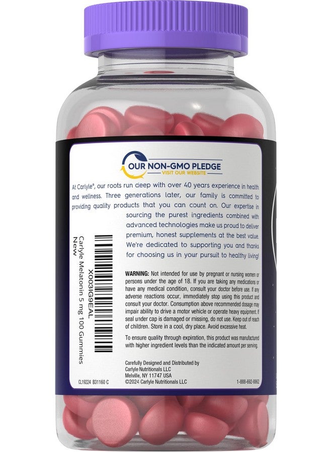 Carlyle Melatonin 5mg Gummies | 100 Count | Berry Flavor | 100% Drug Free | Non-GMO, Gluten Free Supplement