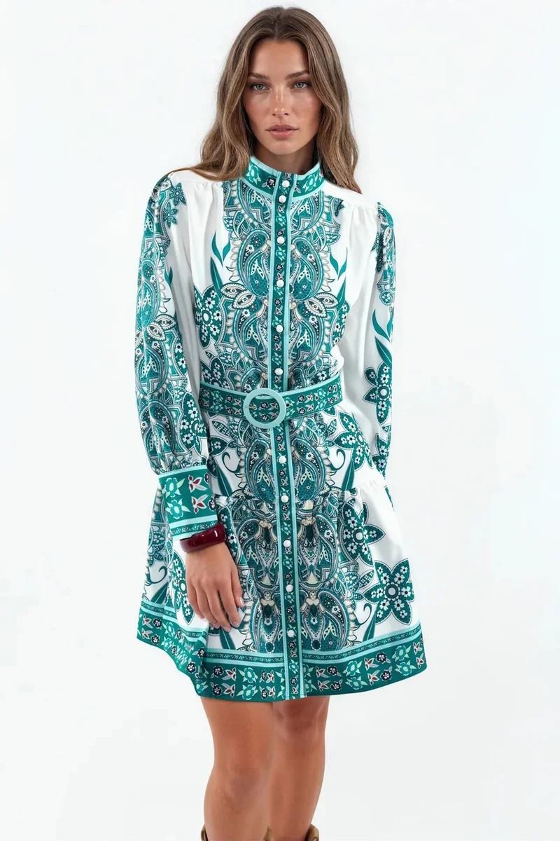 جينيفر Printed Belted Mini Dress