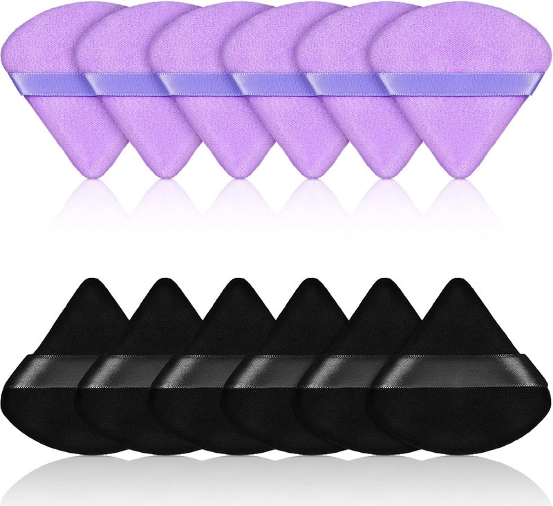 Maitys 12 x Triangle Face Makeup Puff for Loose Powder Foundation Sponge Cosmetic Body Soft Makeup Tool Wet Dry Mineral Powder (Black, Purple) - Image 1