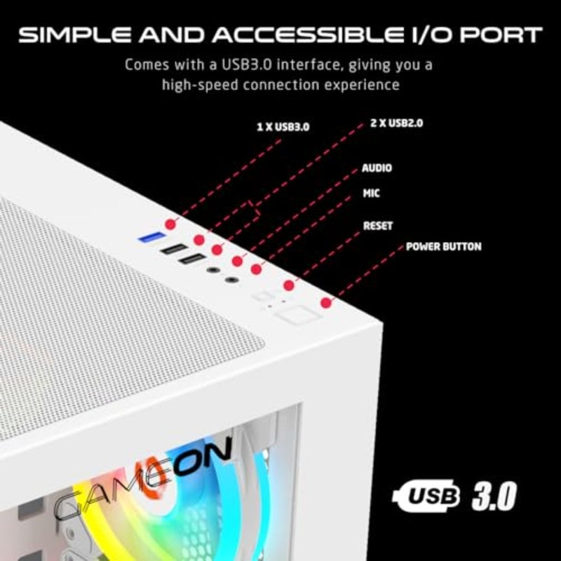 Gaming PC case for mid-tower builds, tempered glass panel, white finish, ARGB+PWM 120mm lighting, pre-installed cooling fans, dust filters, wide motherboard compatibility - Image 5