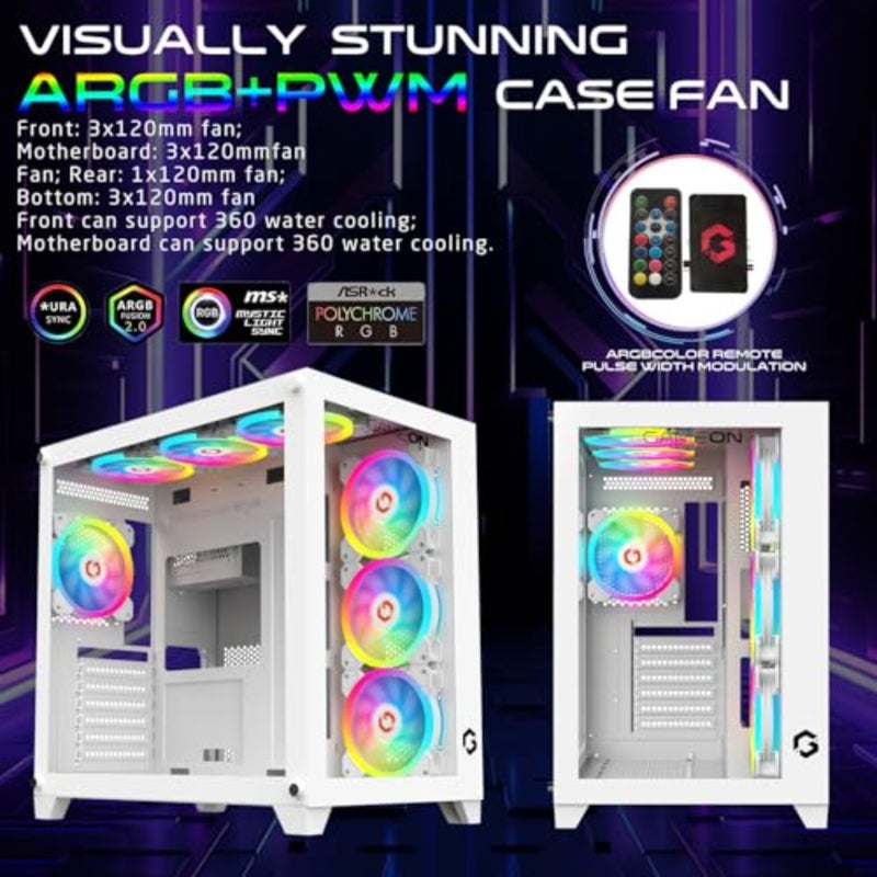 Gaming PC case for mid-tower builds, tempered glass panel, white finish, ARGB+PWM 120mm lighting, pre-installed cooling fans, dust filters, wide motherboard compatibility - Image 4