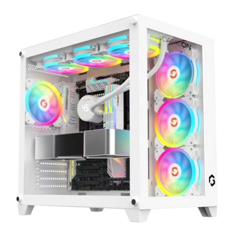 Gaming PC case for mid-tower builds, tempered glass panel, white finish, ARGB+PWM 120mm lighting, pre-installed cooling fans, dust filters, wide motherboard compatibility - Image 1