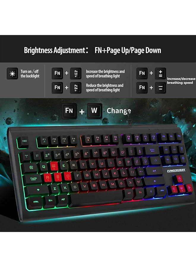 Rainbow Led Backlit 87 Keys Gaming Keyboard Compact Keyboard With 12 Multimedia Shortcut Keys Usb Wired For Pc Gamers Office - Image 3
