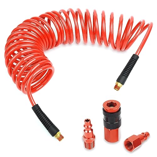 BLCH Coiled Air Hose Coil - Recoil 1/4" Inner Diameter by 25' Long with Bend Restrictors Air Compressor Hose with 1/4" Industrial Universal Quick Coupler and I/M Plug Kit, Red - Image 1