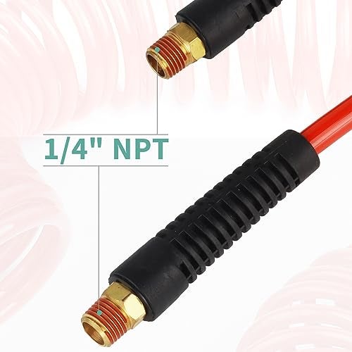 BLCH Coiled Air Hose Coil - Recoil 1/4" Inner Diameter by 25' Long with Bend Restrictors Air Compressor Hose with 1/4" Industrial Universal Quick Coupler and I/M Plug Kit, Red - Image 3