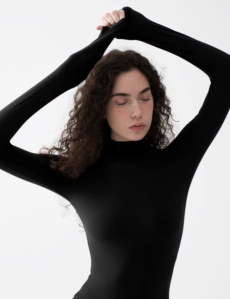 PUMIEY Bodysuit for Women Long Sleeve Mock Turtle Neck Body Suits T-shirt Tops, Jet Black Meduim - Image 4