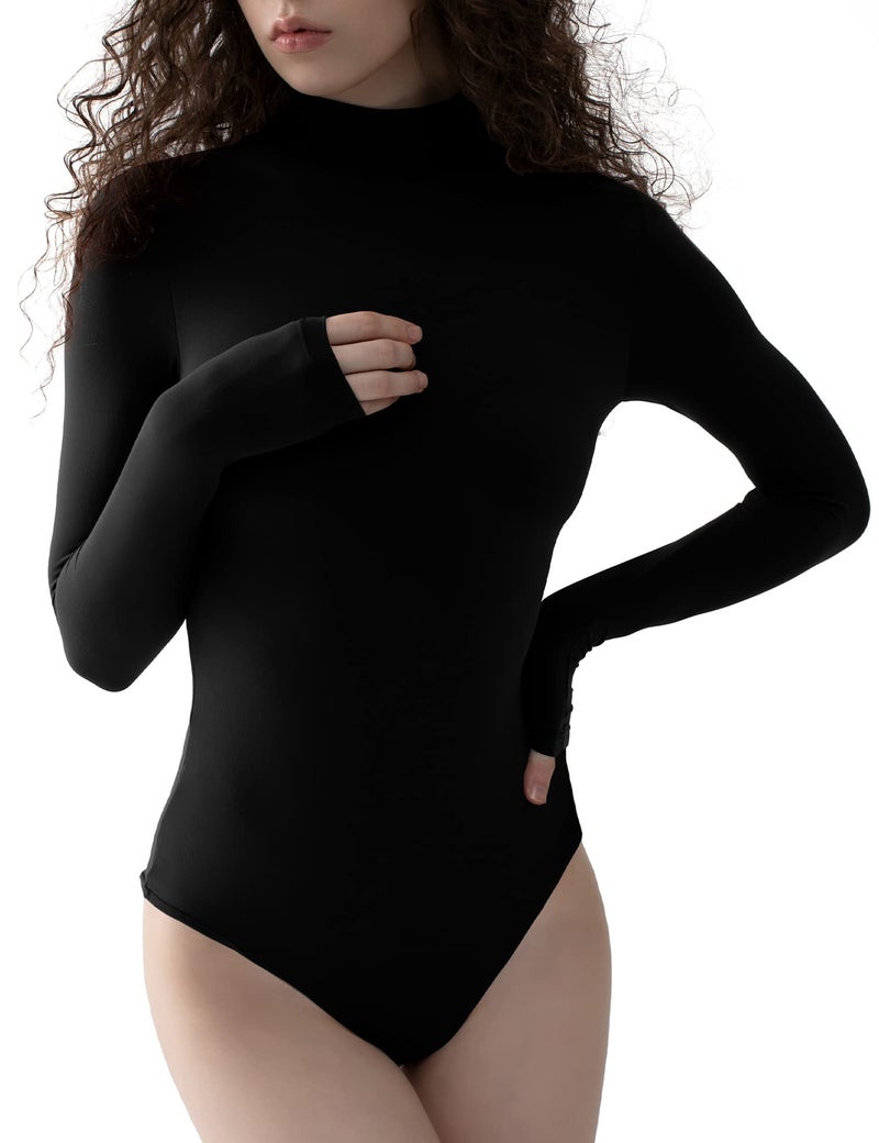 PUMIEY Bodysuit for Women Long Sleeve Mock Turtle Neck Body Suits T-shirt Tops, Jet Black Meduim - Image 1