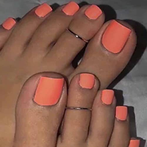 Outyua Orange Square Fake Toenails Solid Matte Press on Toe Nails Short Acrylic False Toes Nails Artificial Beach Full Cover Toenail for Women 24 Pcs (Orange) - Image 1
