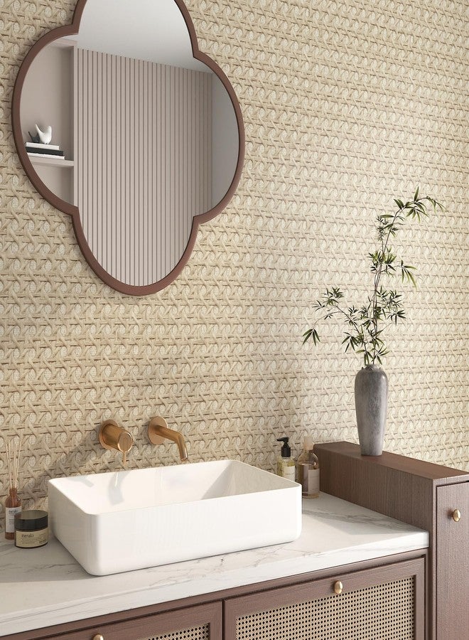 FunStick Tan Brown Rattan Wallpaper Peel and Stick Cane Webbing Wicker Weave Beige Rattan Contact Paper for Furniture Cabinets Waterproof Boho Faux Textured Wall Paper Self Adhesive Burlap Fabric Roll - Image 5