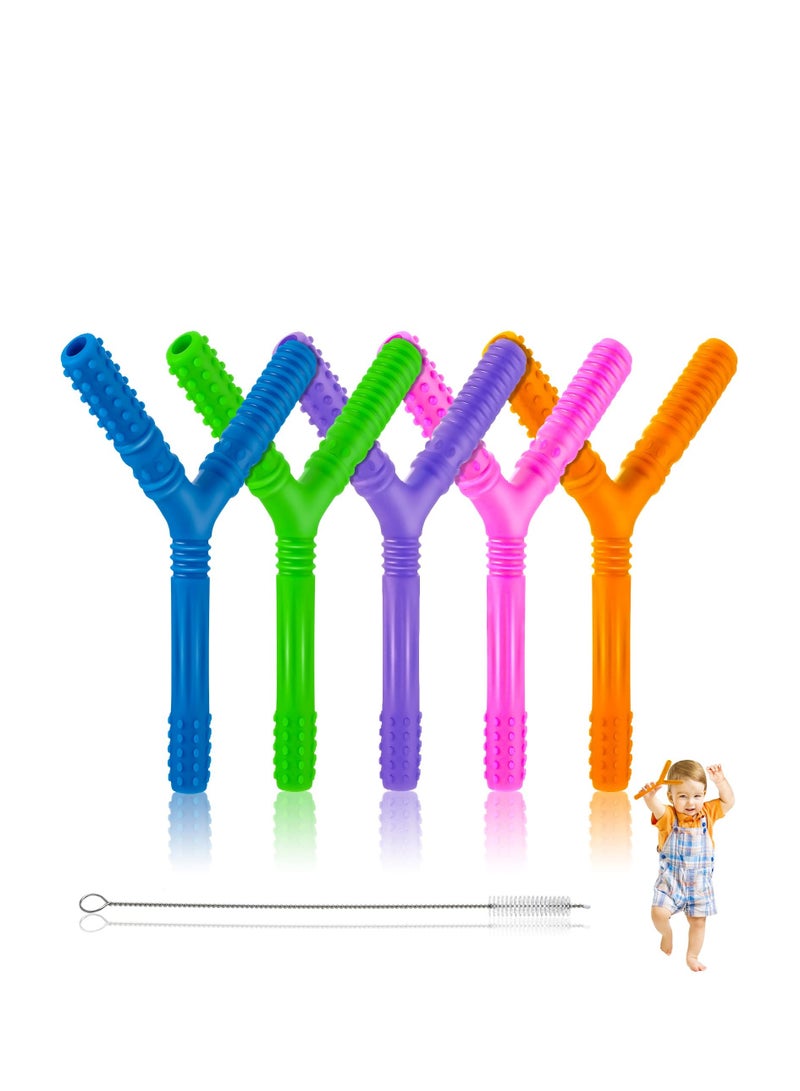 SOLARAE 5 Pieces Hollow Teether Tube Teething Toys Y Shape Toddler teether Silicone Molar Teether Soft Baby Teething Straw with 3 Pieces Cleaning Brushes for 6-12 Months Baby Chewing Teeth Grinding - Image 1
