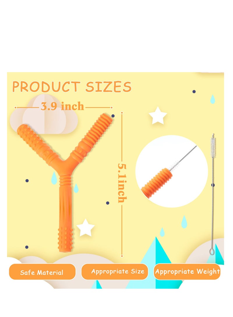 SOLARAE 5 Pieces Hollow Teether Tube Teething Toys Y Shape Toddler teether Silicone Molar Teether Soft Baby Teething Straw with 3 Pieces Cleaning Brushes for 6-12 Months Baby Chewing Teeth Grinding - Image 5